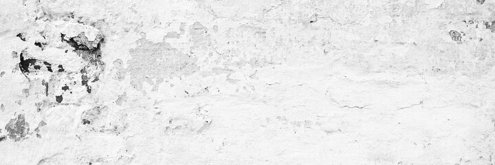 Old Stained White Peeling Stucco Wall Texture. Aged Paint Brick Surface Wall Background Banner. 