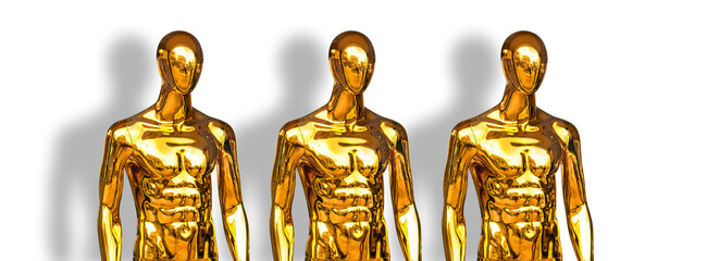 Three golden mannequin stands at the storefront. Sale and discounts concept.
