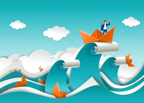 Businessman in boat on the top of ocean wave, vector paper cut illustration. Business strategy direction vision success.