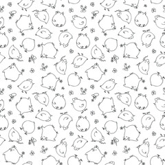 Fototapeta na wymiar black and white continuous pattern with funny chickens, doodle style