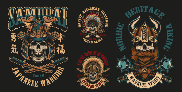 Colorful of vector illustrations with skulls warriors such us; spartan, samurai Viking and others on a dark background. Perfect for shirt prints, logos and many other.