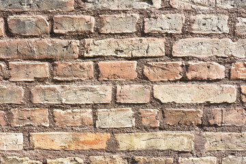 Brick wall background. Urban rustic texture. Antique house exterior wall. Vintage abandoned building architecture. Red brick construction.	