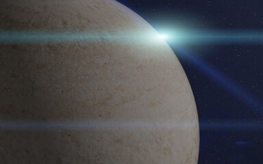 Fantastic sand and rock planet in space with lens flare. 3D rendered illustration. Elements of this image furnished by NASA.