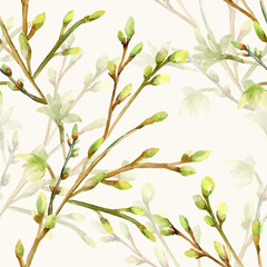 Watercolor illustration of a flowering branch.The motive of the tree branch, the image on a white and colored background.Seamless pattern.