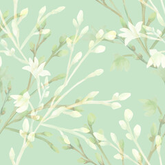 Watercolor illustration of a flowering branch.The motive of the tree branch, the image on a white and colored background.Seamless pattern.
