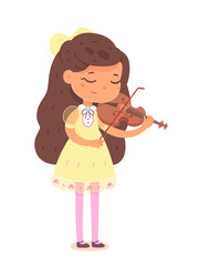 Kid musician playing music on violin. Little girl in dress standing on stage vector illustration. Cute child performing with musical instrument in competition isolated on white background