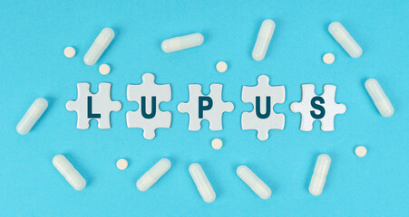 On a blue background, there are pills and puzzles with the inscription - LUPUS