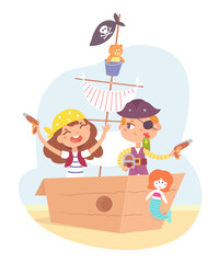 Little children as pirates having adventure in ship. Cute boy and girl with pistols in boat sailing in sand on island vector illustration. Captain with sailor, kids as characters on white background