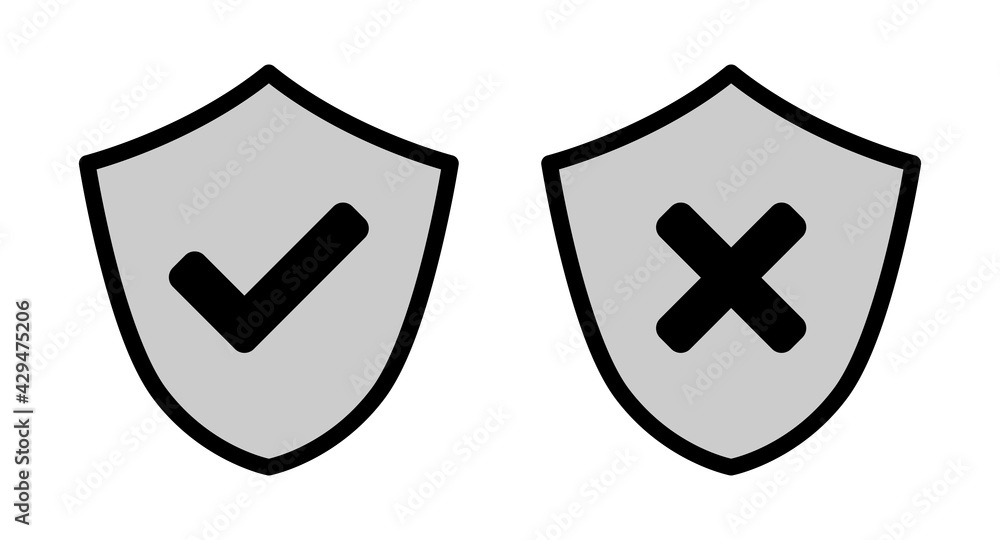 Poster shield black white and gray safe and unsafe security icon set with checkmark and x cross signs. vect