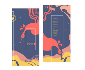 Red wines by the glass. Drinks menu. Pre-made abstract composition. Flat style with lines, abstract spots. Hand-drawn decorative elements. Vector template for menu, list, banner, booklet, flyer. 