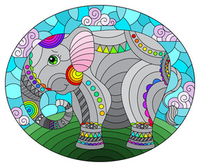 Illustration in stained glass style with abstract cute elephant on a blue sky background with clouds, oval image