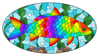 Illustration in stained glass style with an abstract rainbow carp fish on a background of algae, air bubbles and water, oval image