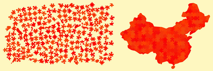 China map shape made out of different shades red - national color - jigsaw puzzle pieces, 215 scattered blocks and finished version