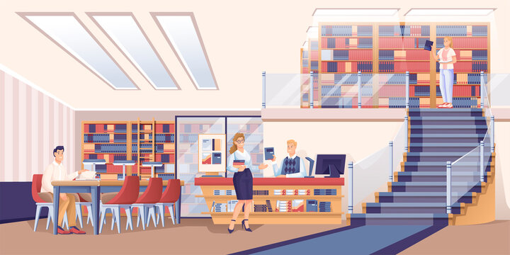People at library scene. Librarian working at desk, man at table, woman taking books, guy choosing from bookcase vector illustration. Modern room interior design, horizontal panorama