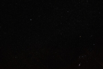 Night sky with many stars in area near constellation Monoceros and Canis Minor, bright Procyon star visible in centre, Orion nebula at bottom right corner