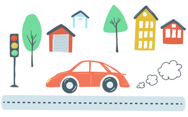 Traffic and house. transportation scenario, red car drives road throw houses and trees. vector illustration doodle cartoon style.