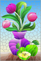 Illustration in a stained glass style with a floral still life, a vase with bright tulips, and apples on a blue background , rectangular illustration
