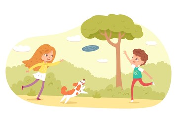 Obraz na płótnie Canvas Children playing with frisbee in park or playground. Happy kids doing outdoor summer activities vector illustration. Boy and girl with dog throwing game, pet jumping in nature
