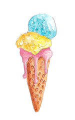 Hand drawn watercolor tasty Ice cream cone