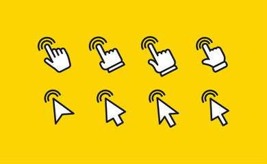 Arrow and hands click icons. Pointer vectors clicking.