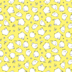 Cute chicken seamless pattern. Easter chickens on yellow background. Cartoon pattern in yellow colors. Wrapping paper, Easter decor, invitations. textile.