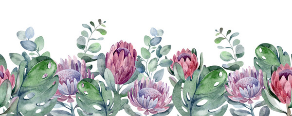 Fototapeta na wymiar watercolor seamless border beautiful plants and flowers