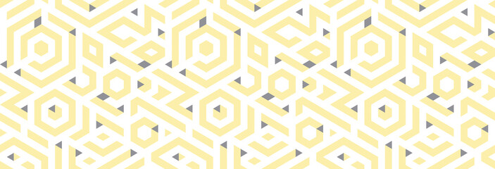 Abstract pattern with triangles, hexagons, endless lines. Gray, yellow colors. Isolated on white backdrop. Banner.