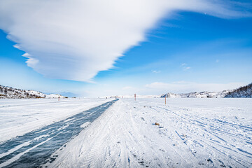 Winter road on the ice of Lake Baikal