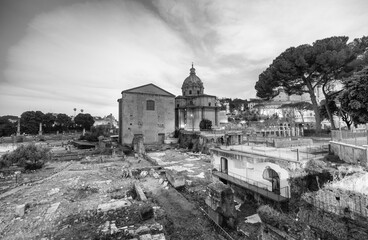 Ancient ruins of Trajan Forum or Foro Traiano in Rome, Italy