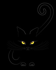 Black cat with expressive yellow eyes looks from the darkness. Line art style.
