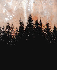 Mixed media painting with forest silhouette and dramatic orange sky
