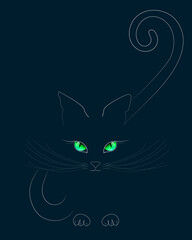 Black cat with expressive green eyes looks from the darkness. Line art style.