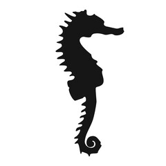 Isolated black silhouette of seahorse. Side view. Marine animal. Sea horse. White background.