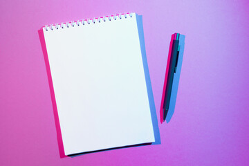 Blank note book and pen on pink background. Double colorful shadows