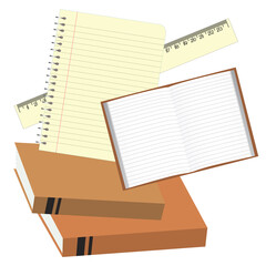 Notebook page. White striped leaf. Notepad or notepad. Vector note sheet and ruler. Educational literature for schoolchildren.