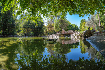 The artificial lake with the wooden bridge at the National Garden of Athens - Greece. It is a...