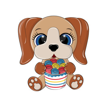 Cute vector pet with ice cream in its paws. The dog is made in brown colors in a cartoon style. The illustration is designed for baby products. The cute dog has big beautiful eyes.