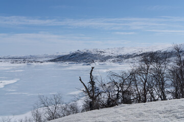 View of the frozen lake Sløddfjorden near the village of Haugastøl, in the municipality of Hol, Viken County, Norway, Scandinavia