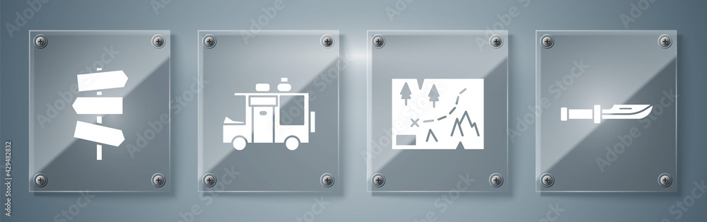 Canvas Prints set camping knife, folded map with location, rv camping trailer and road traffic signpost. square gl