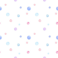 hildren's watercolor seamless pattern. Colorful polka dot background. Painting with blue, violet and purple. Perfect for textile, fabric, wrapping paper, linens, wallpaper etc