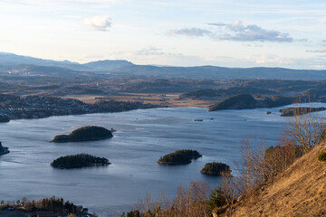 Steinsfjorden, a branch of Lake Tyrifjorden located in Buskerud, Norway. View from Kongens Utsikt (Royal View) at Krokkleiva