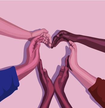 a group of people folded their hands in a heart.Diversity multiethnic people. Racial equality. Men and women of different culture and nations. Coexistence harmony. Multicultural community integration