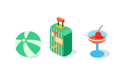 Beach Vacation and Summer Holiday Elements with Suitcase, Inflatable Ball and Cocktail Isometric Vector Set