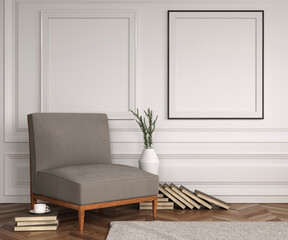 interior, mock up poster frame in modern interior background, living room, Scandinavian style, 3D render, 3D illustration