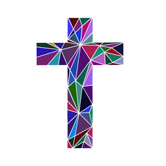 Church logo. Vector Mosaic cross on white background. Abstract texture. Polygonal style.