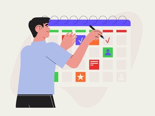 Effective time management. Man manage tasks, events, plan strategy, schedule or organize business meetings in calendar or online mobile and computer application. Corporate developempent. To do list.
