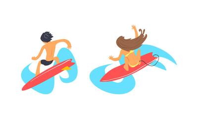 Fototapeta na wymiar Male and Female Surfer Riding Moving Wave of Water Standing on Surfboard Vector Set