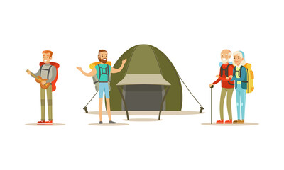 Cheerful People Characters with Backpack Hiking or Trekking Vector Illustration Set