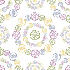 Vector seamless pattern colorful design of bright hand-drawn flowers in circles in pastel tones