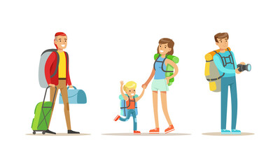 People Characters with Wheeled Suitcase and Backpack Travelling Vector Set